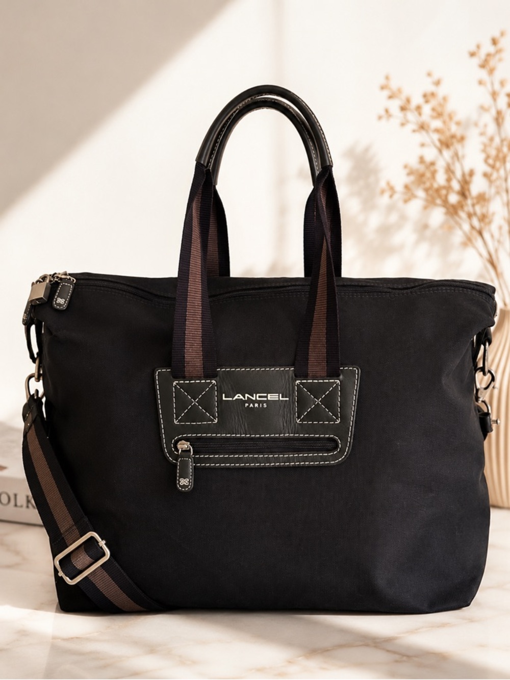 Lancel Paris Black Travel Weekender Tote Bag Large Nylon Leather Carry On Duffel